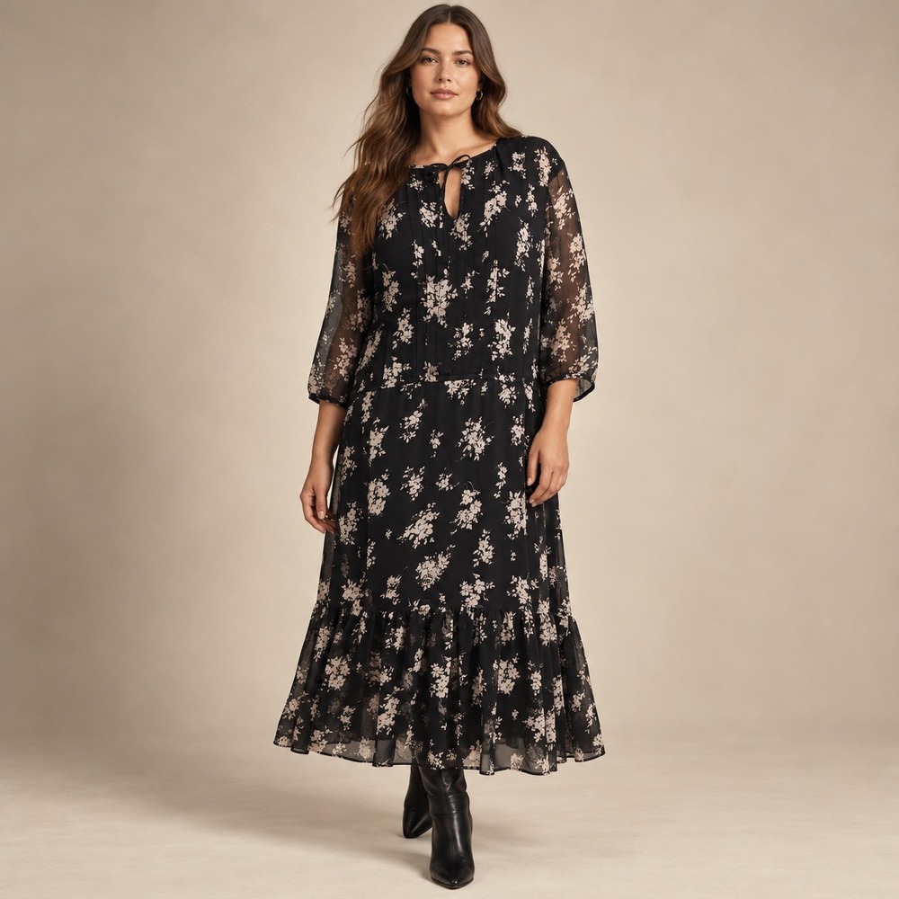 Lauren Ralph Lauren tiered Maxi Dress Women 18 Black Floral Chiffon Long Sleeve